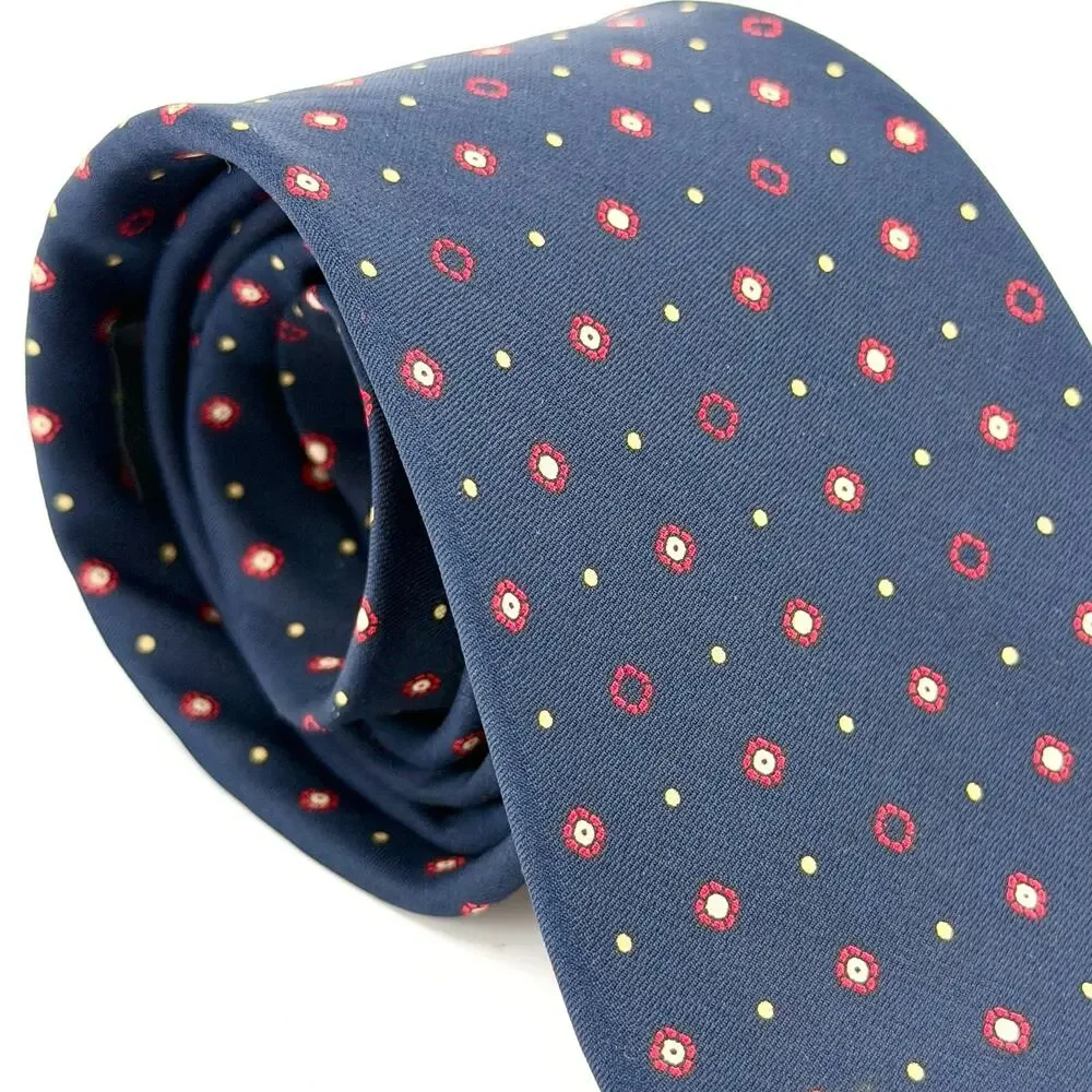 Vintage 80s Pierre Cardin Navy Red 100% Silk Medallion Print Necktie